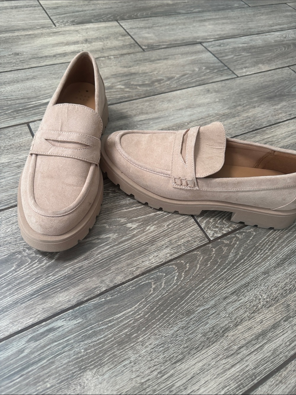 Womans Beige Suede Penny Loafers - Casual Dress Moccasins